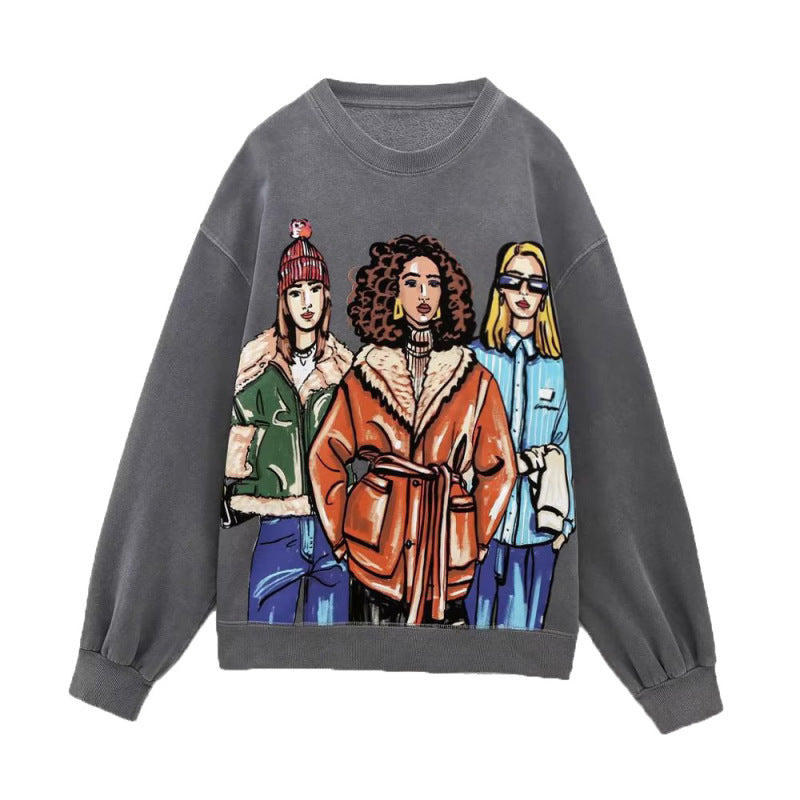 Women Casual Loose Cartoon Girl'S Printed Round Neck Long Sleeve Sweatshirt