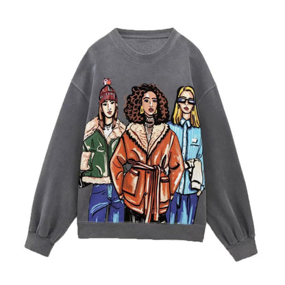 Women Casual Loose Cartoon Girl'S Printed Round Neck Long Sleeve Sweatshirt