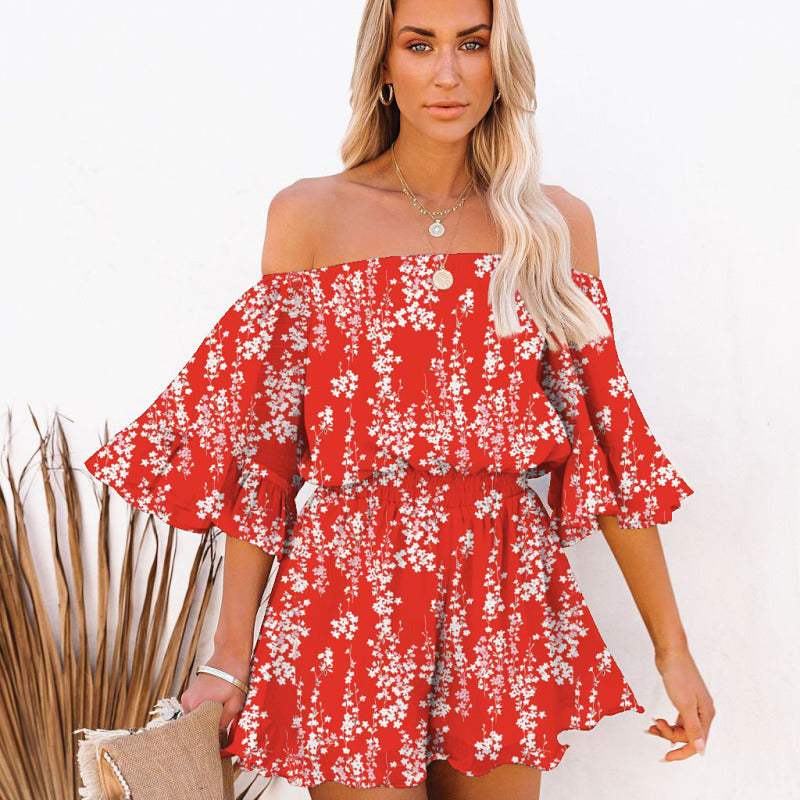 Mono informal de verano para mujer, con hombros descubiertos, estampado floral, volantes, holgado, de gasa, de color liso