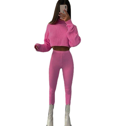 Conjunto de dos piezas de top y pantalón de punto de manga larga con cuello alto y color liso informal para mujer