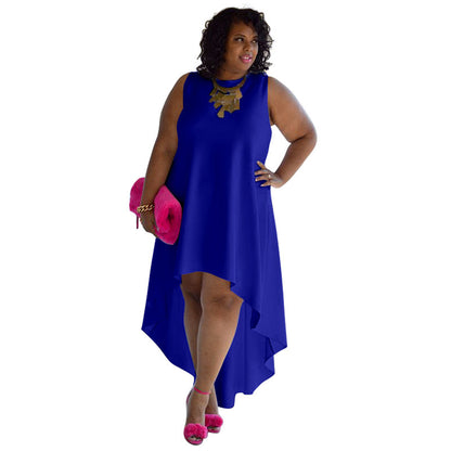 Women Fashion Casual Plus Size Loose Solid Color Round Neck Sleeveless Irregular Skirt Dress
