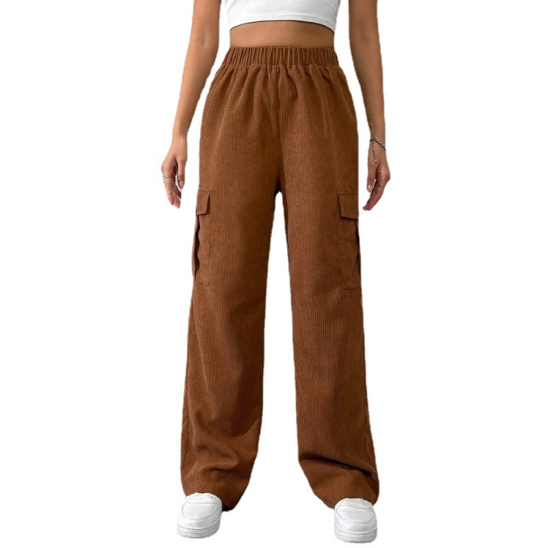 Women Solid Color High Waist Pocket Casual Loose Elastic Pants