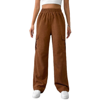 Women Solid Color High Waist Pocket Casual Loose Elastic Pants