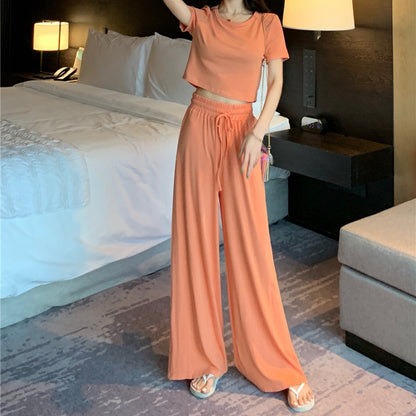 Conjunto de dos piezas de top y pantalón de manga corta de color liso informal para mujer
