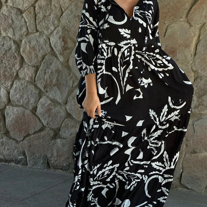 Women Casual Loose Graphic Printed V-Neck Plus Size Dress