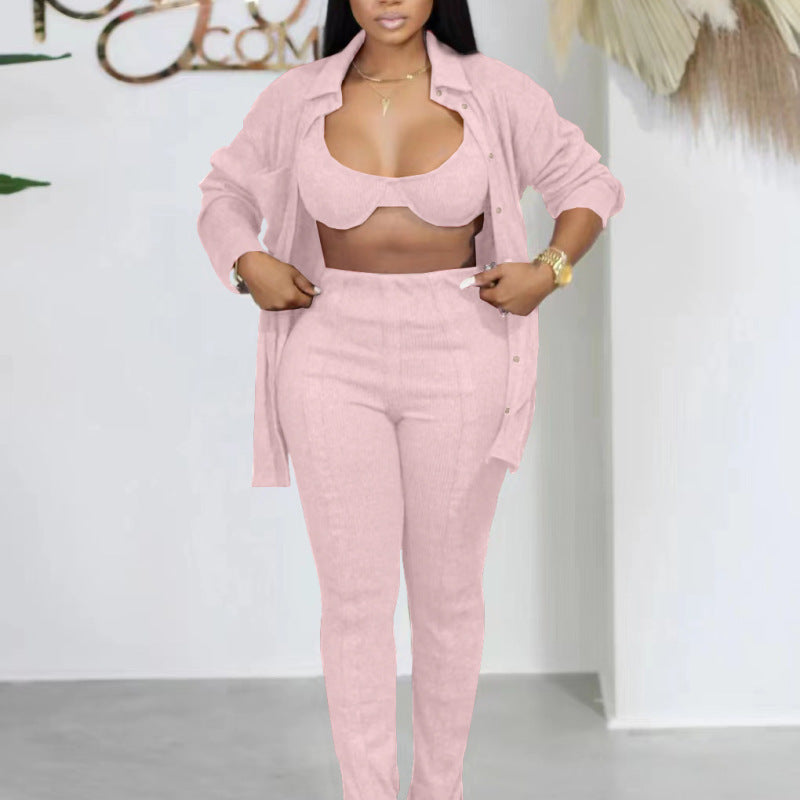 Conjunto informal de tres piezas para mujer: sujetador y camisa de manga larga con solapa y pantalón con abertura
