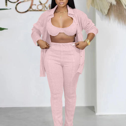 Conjunto informal de tres piezas para mujer: sujetador y camisa de manga larga con solapa y pantalón con abertura