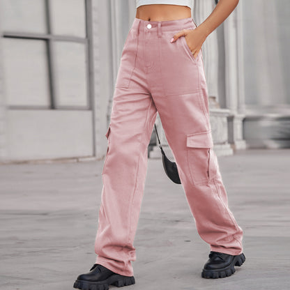 Women Fashion Casual High Waist Denim Cargo Pants