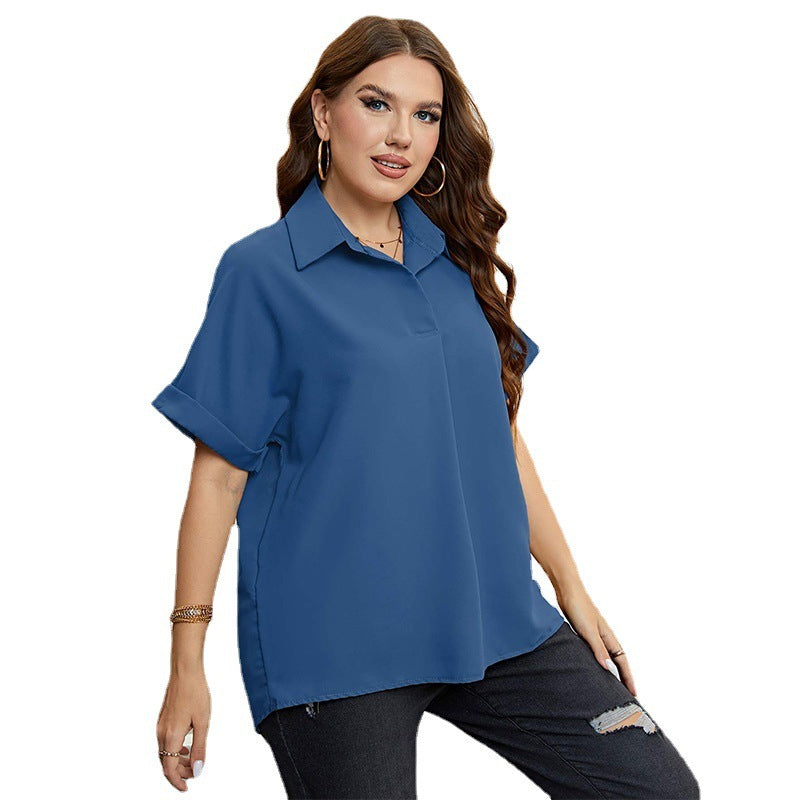 Casual Plus Size Women Solid Color Summer Polo Collar Chiffon Shirt Lapel Short Sleeve Blouse