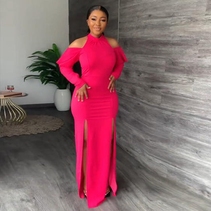 Women Fashion Casual Sexy Solid Color Cool-Shoulder Slit Invisible Zipper Maxi Dress Long Skirt With Belt