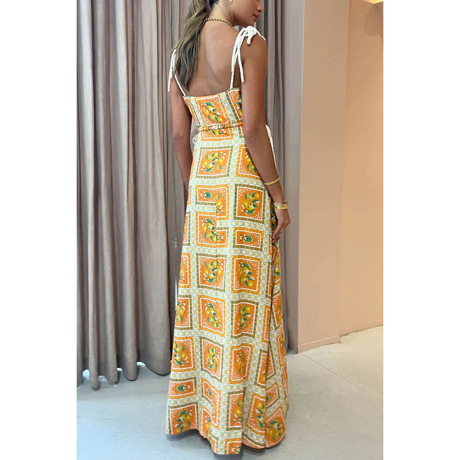 Women Fashion Casual Vacation Printed Hollow-Out Spaghetti Strap Drawstring Loose Dress