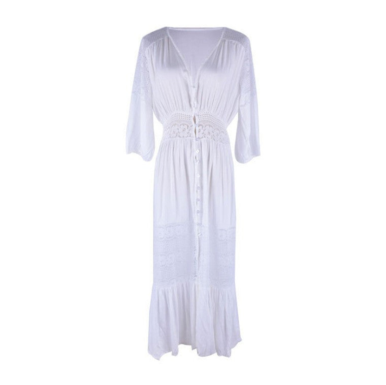 Traje de baño de algodón con botones y encaje para mujer, a la moda, informal, para vacaciones, con protección solar