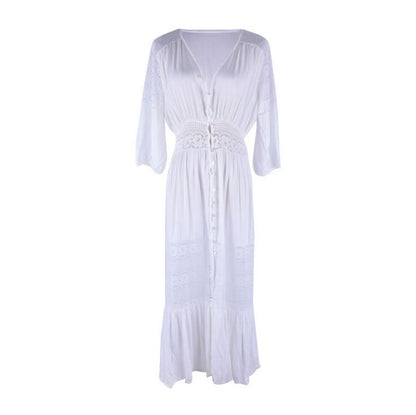 Traje de baño de algodón con botones y encaje para mujer, a la moda, informal, para vacaciones, con protección solar