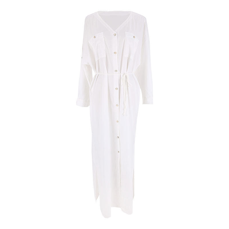 Traje de baño de bikini para mujer, de color liso, con escote en V, manga larga, botones y cintura anudada, ideal para vacaciones.