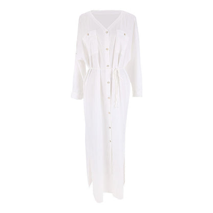 Traje de baño de bikini para mujer, de color liso, con escote en V, manga larga, botones y cintura anudada, ideal para vacaciones.