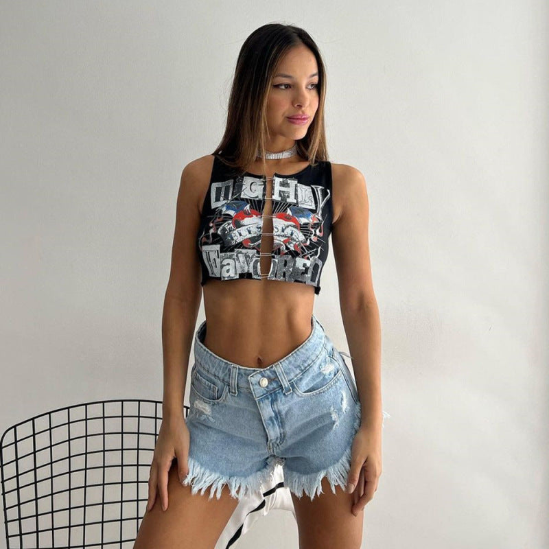 Camiseta sin mangas con estampado informal y hebilla en el ombligo para mujer