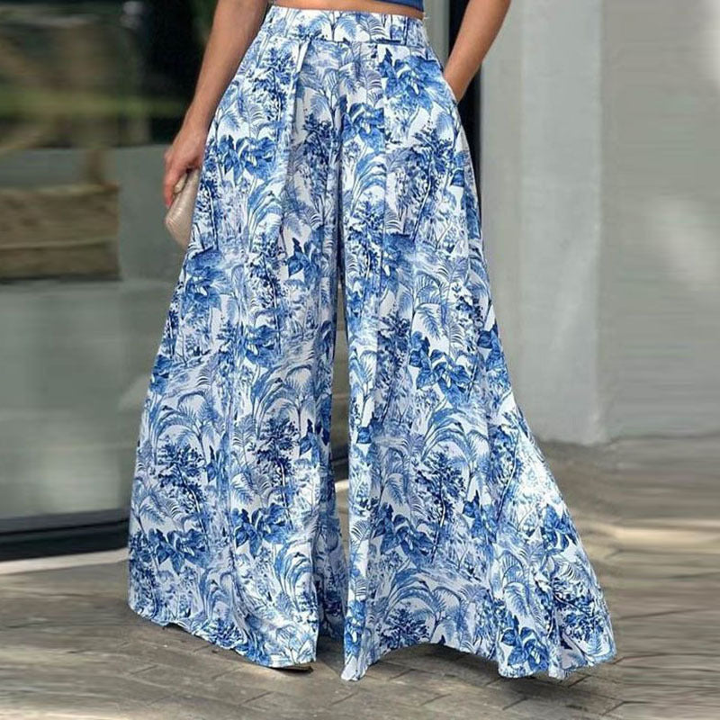 Conjunto de top informal con mangas abullonadas y pantalones anchos para mujer