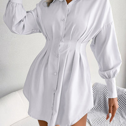 Women Casual Lantern Sleeve Single Breasted Waist Irregular Solid Color Shirt Dress