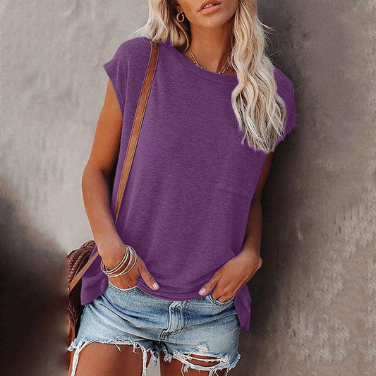 Women Casual Simple Solid Color Pocket Round Neck Short Sleeve T-Shirt