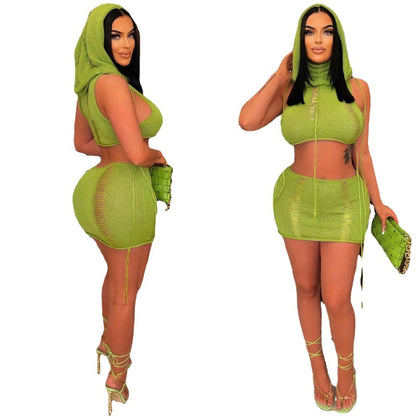Conjunto de top corto de punto con capucha, falda y pantalones cortos de playa, informal, sin mangas y sexy para mujer