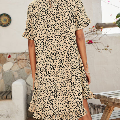 Summer Women'S Leopard Print Casual Round Neck High-Low Hemline Ruffle Dress