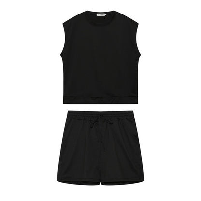 Conjunto de dos piezas de top y pantalones cortos sin mangas informales de color liso para mujer