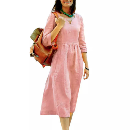Vestido midi informal de algodón y lino con cuello en V para mujer, talla grande, de verano