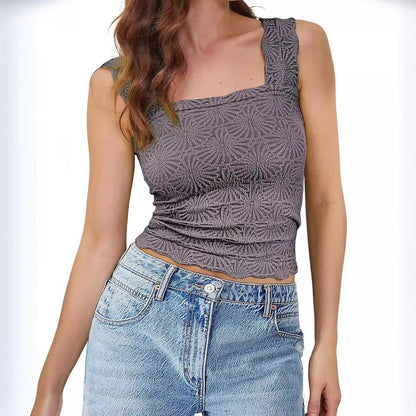 Women Fashion Casual Solid Color Tight Jacquard Square Neck Tank Top