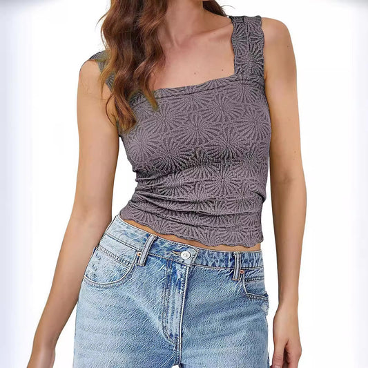 Camiseta sin mangas de cuello cuadrado de jacquard ajustada de color sólido informal a la moda para mujer