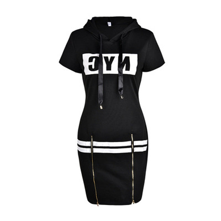 Women Fashion Casual Letter Print Short-Sleeve Hooded Slim-Fit Dress