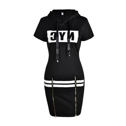 Women Fashion Casual Letter Print Short-Sleeve Hooded Slim-Fit Dress