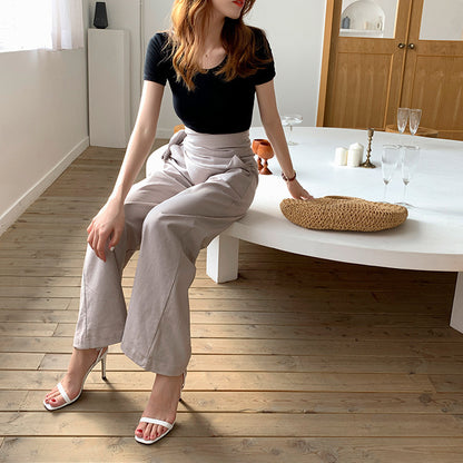 Women Fashion Casual Solid Color Loose High-Waist Pants