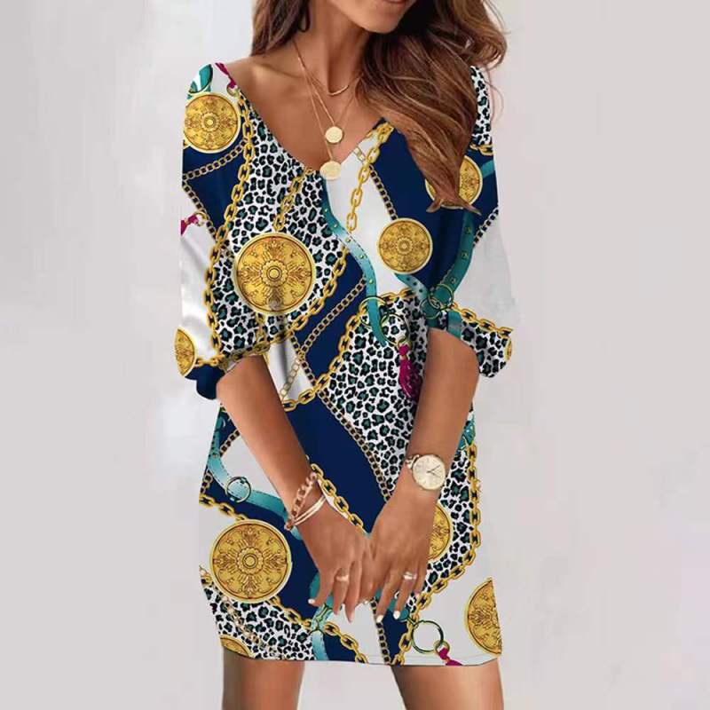 Women Elegant Vintage Casual Loose V Neck Floral Printed Short-Sleeved Loose Dress