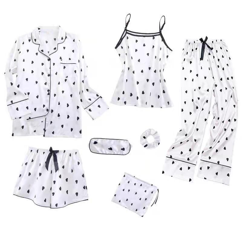 Conjunto de pijama fino de siete piezas con estampado de rayas informal sencillo para mujer