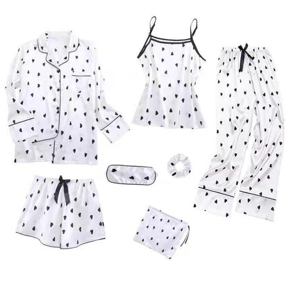 Conjunto de pijama fino de siete piezas con estampado de rayas informal sencillo para mujer