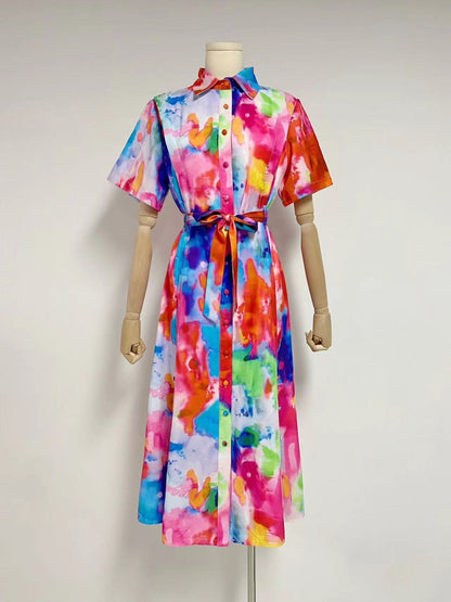 Women Fashion Casual Printed Lapel Short Sleeve Single-Breasted Belt Dress