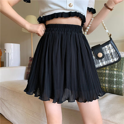 Women Casual Solid Color Pleated Summer High Waist Chiffon Skirt