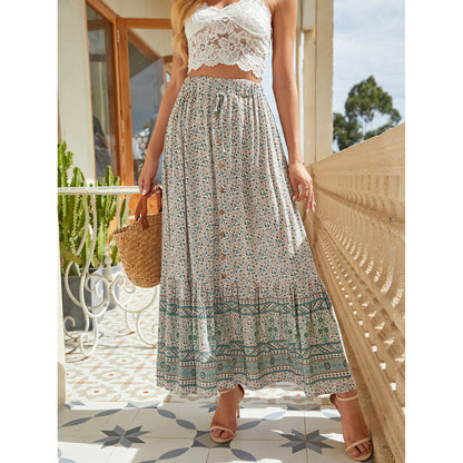 Spring And Summer Women'S Casual Bohemian Pattern Single-Breasted Drawstring Waist Side Slit Pastoral Retro Holiday Big Swing Skirt