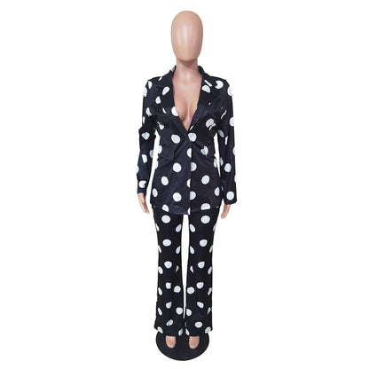 Conjunto de dos piezas de blazer y pantalón con estampado de lunares para mujer