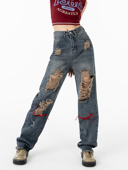 Vaqueros rotos de cintura alta estilo retro para mujer, estilo casual y moderno.
