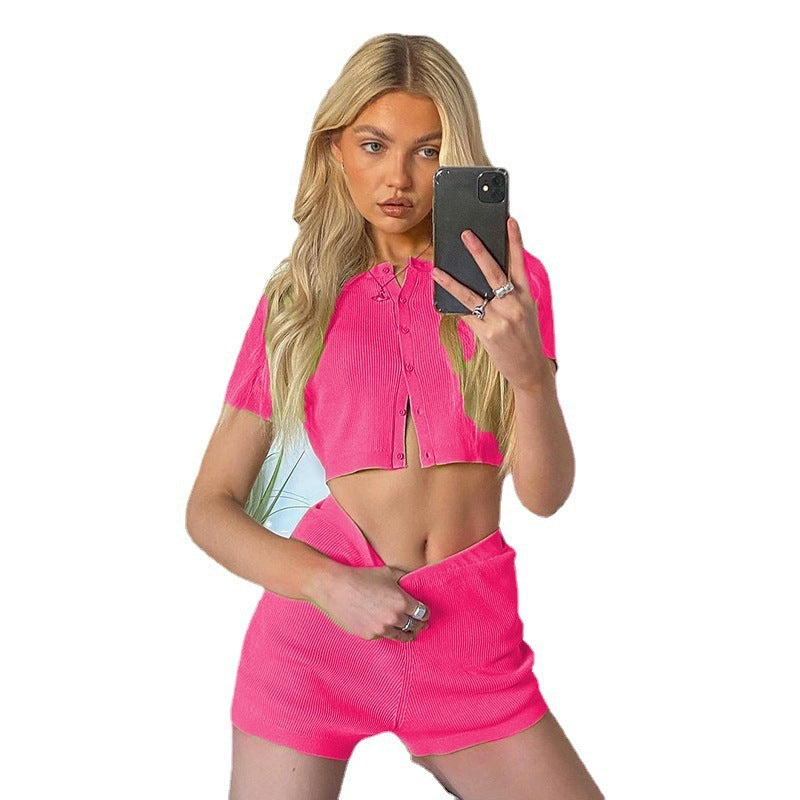 Women Casual Solid Color Rib-knitted Short Sleeve Top And Shorts Set