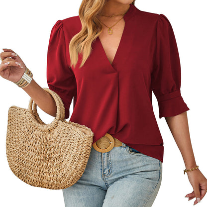 Women Fashion Casual Solid Color V-Neck Short-Sleeve Blouse