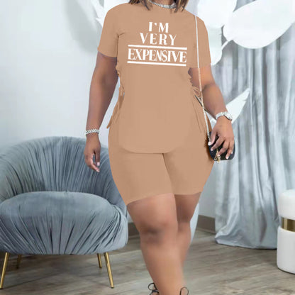 Women Casual Slit Strap Letter Printed Short Sleeve T-Shirt And Solid Color Shorts Fashion Sports Two Pieces Set