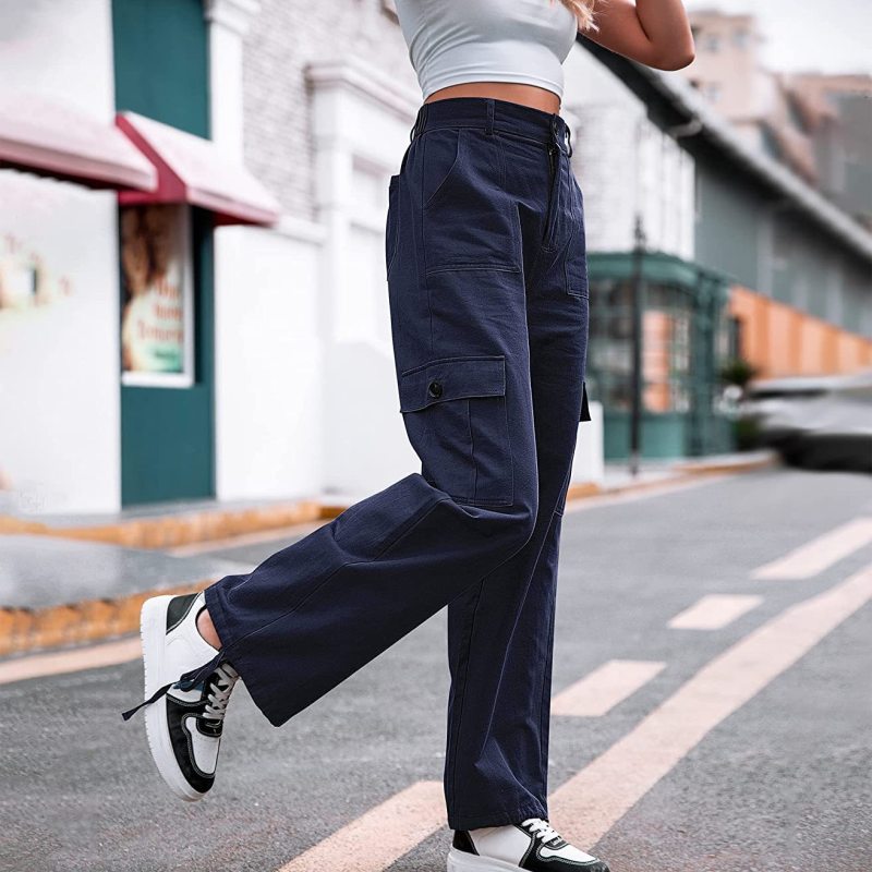 Summer Casual Women Plus Size Button High Waist Wide Leg Cargo Pants