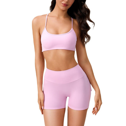 Conjunto de dos piezas de yoga con sujetador y pantalones cortos de cintura alta, estilo casual, sin espalda cruzada y a prueba de golpes para mujer