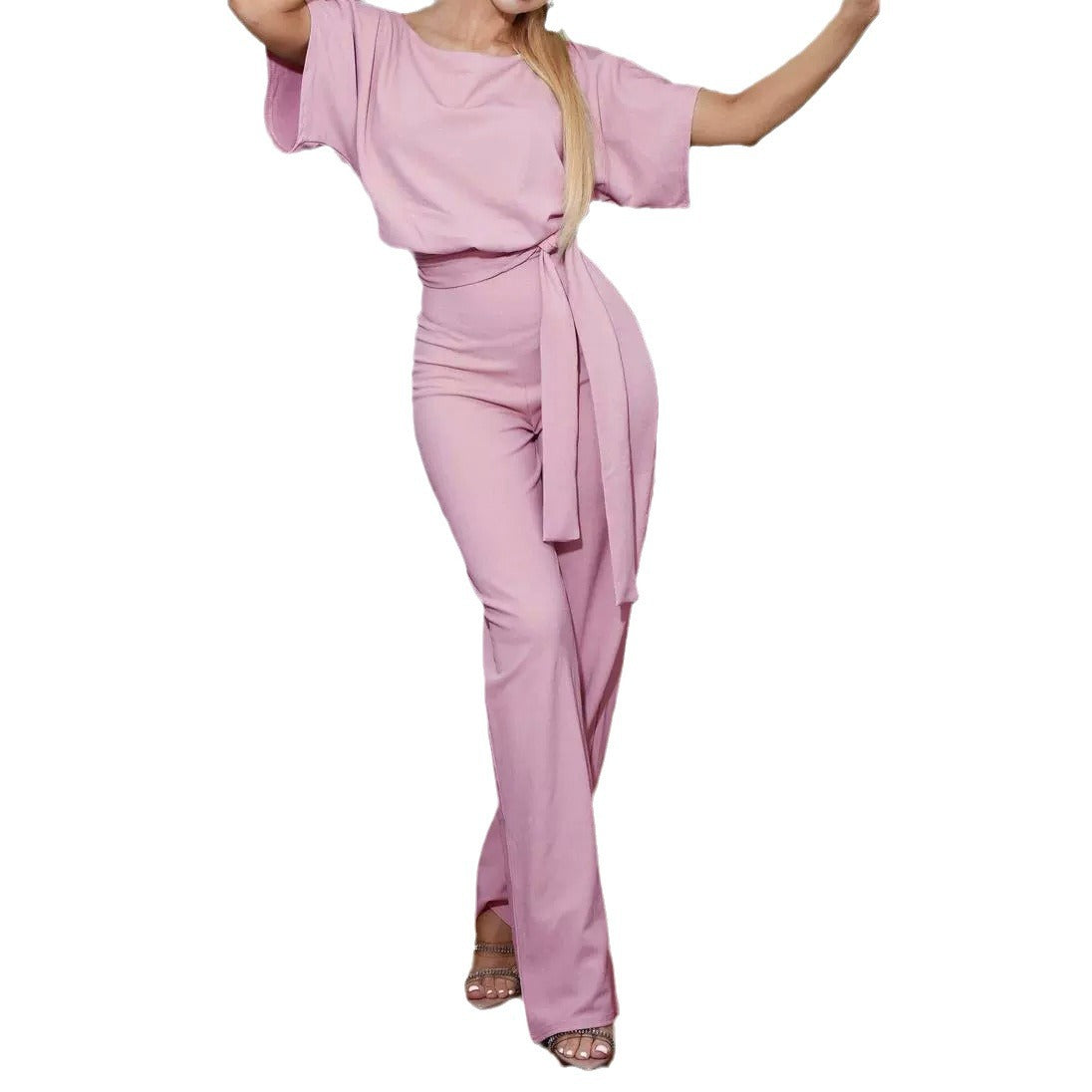 Women Fashion Casual Solid Color Round-Neck Short-Sleeved Lace-Up Button Jumpsuit