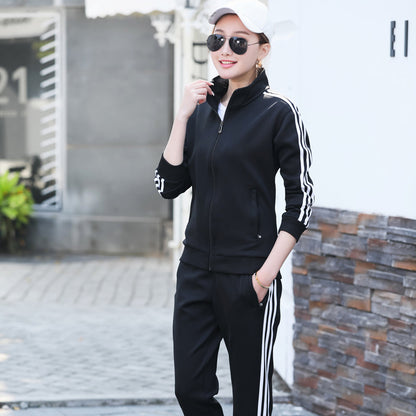 Conjunto deportivo informal para hombre y mujer con sudadera y pantalones de chándal con cremallera y estampado de rayas en contraste para pareja