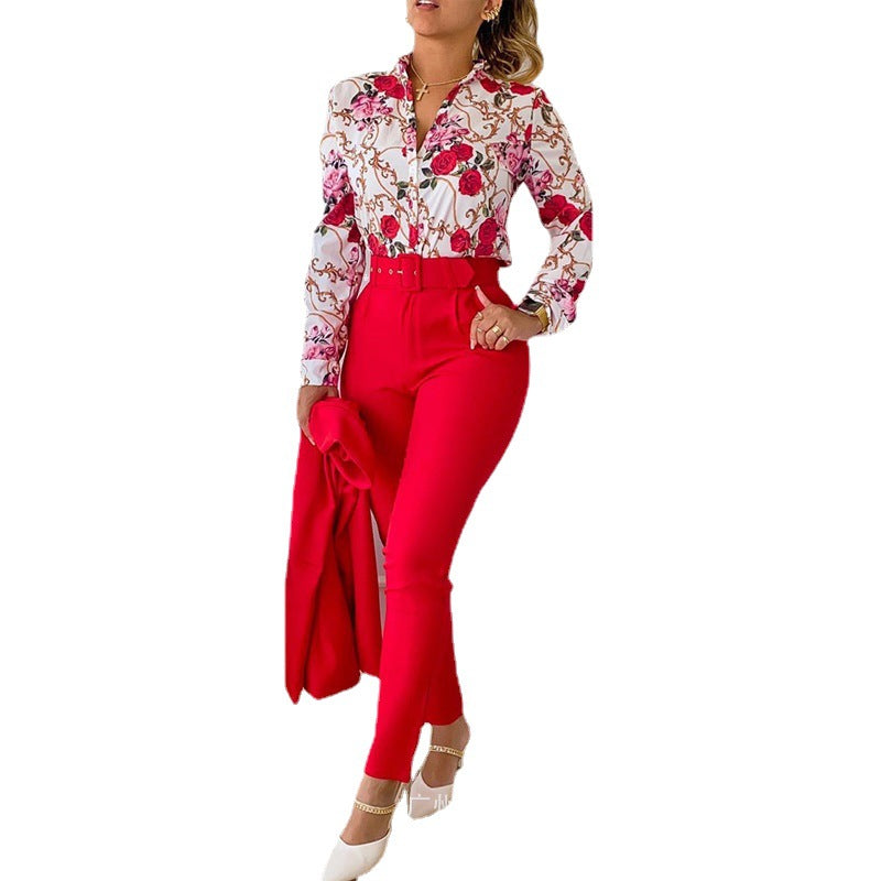 Blusa informal de manga larga con solapa y estampado floral para mujer, pantalones ajustados de dos piezas