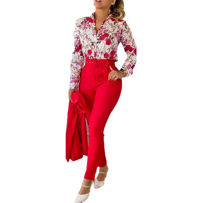 Blusa informal de manga larga con solapa y estampado floral para mujer, pantalones ajustados de dos piezas