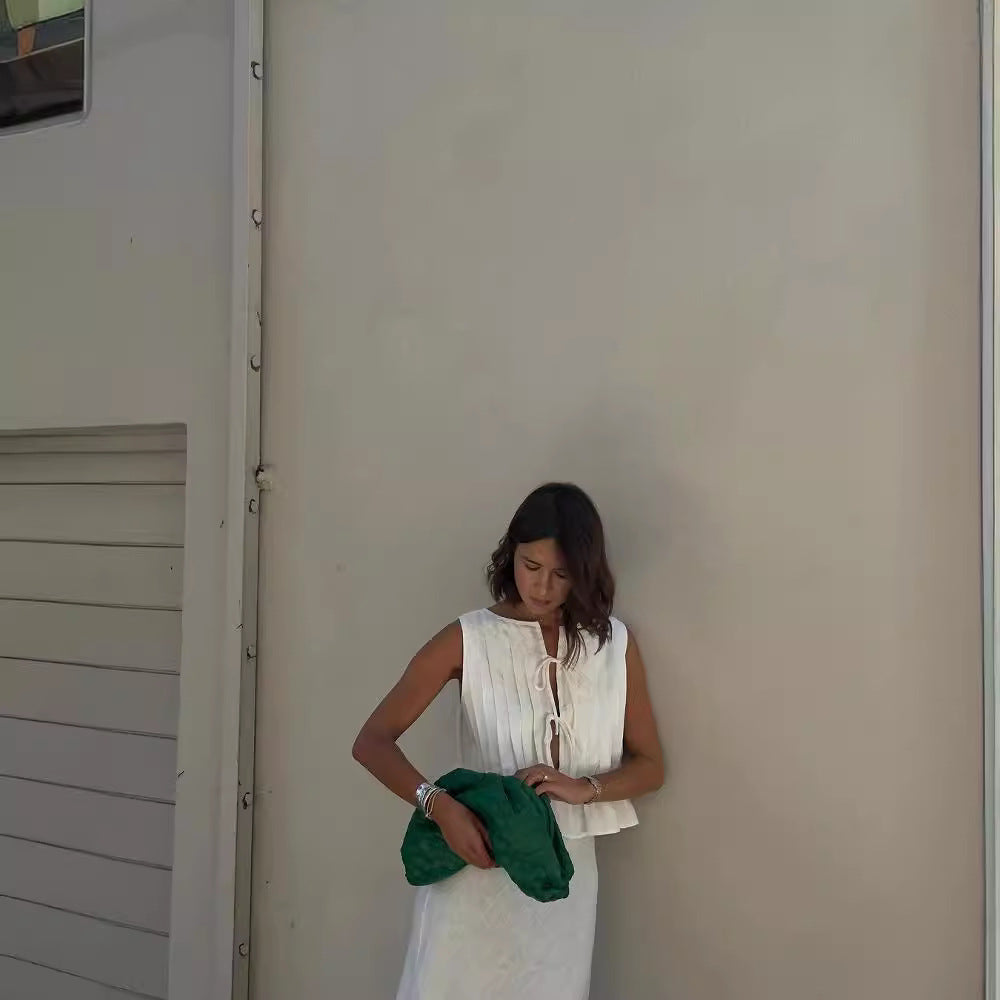Conjunto de dos piezas formado por top y falda con tirantes, sin mangas, de lino y algodón, informal, de verano para mujer